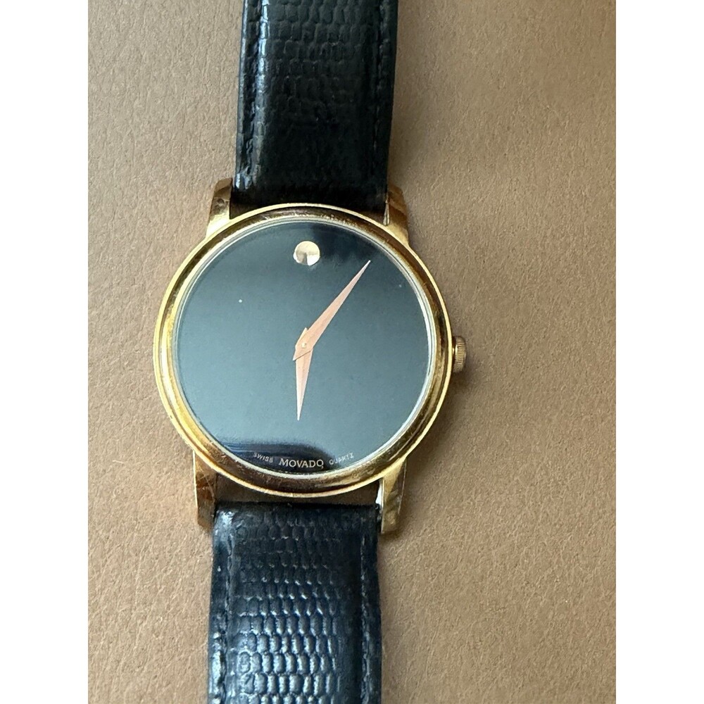 Movado Museum Classic 32mm Swiss Quartz Gold Tone Black Dial Leather Watch